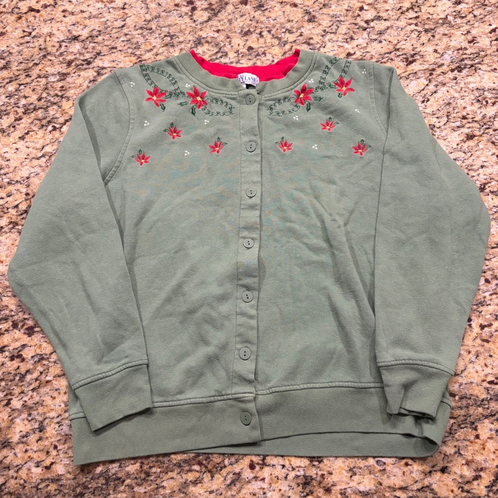 Liberty Lane Womens Green Poinsettia Embroidered Button Front Sweatshirt Large